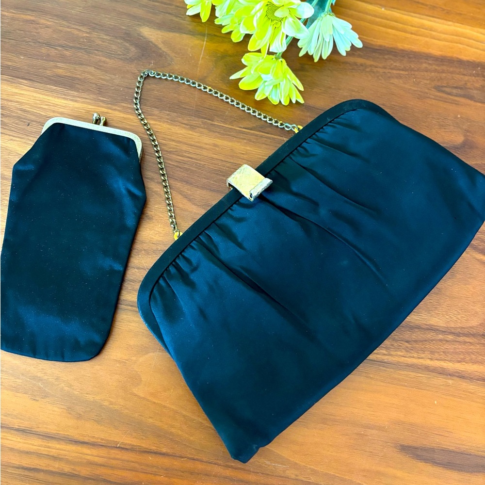 Vintage After Five Black Satin Handbag With Matching Cigarette Pouch